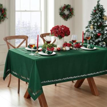 Imagem de Elrene Toalha de mesa de tecido natalino com corte a laser Home Fashions Azevinho, quadrado de 132 x 132 cm, verde azevinho