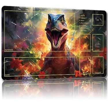 Imagem de Malqiqi Tapete de brinquedo para MTG, com bolsas de armazenamento grátis, tapete de jogo 61 x 35,5 cm, TCG e tapete de jogo de tabuleiro para cartões, tapetes de mesa de mousepad (dinossauro 5-combate