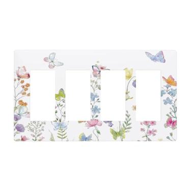Imagem de Flor de borboleta colorida flor silvestre floral 4 gangues quadriciclo/GFCI/placa decorativa para interruptor de luz placa decorativa elétrica placa decorativa sem parafusos