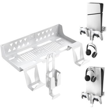 Imagem de BIFONODKR Suporte de parede PS5, kit de montagem de parede PS5/Slim com 2 suportes de controle removíveis e suporte de fone de ouvido, metal sólido com acessórios, fácil instalação
