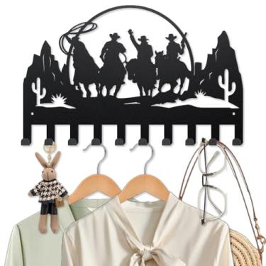 Imagem de MAYJOYDIY Ganchos de metal cowboy para parede, 15,7 × 23,8 cm, cavalos, cactos, colinas, porta-chaves, 10 ganchos, paisagem do deserto ocidental, preto, porta-chaves para casacos, chapéus, toalhas,
