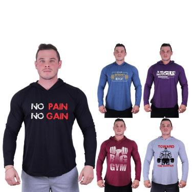 Imagem de Kit 5 Camisetas Manga Longa com Touca Longline Estampada Treino Academia Lazer Casual-Masculino