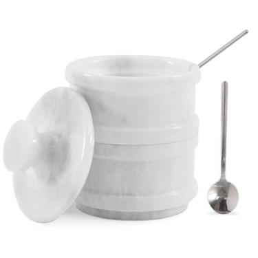 Imagem de Radicaln Saleiro duplo feito à mão de mármore branco de 14 cm e guarda de açúcar mascavo – 5,8 cm cada pote de ervas acessórios de cozinha – Ideal para joias, manteiga, açúcar e decoração de casa