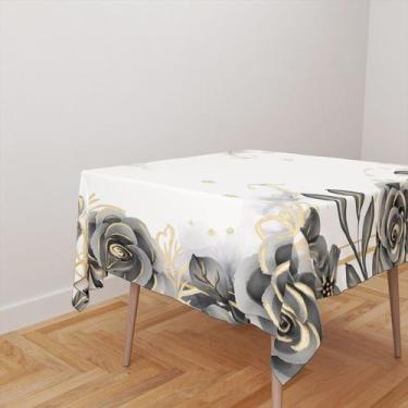 Imagem de Toalha De Mesa Quadrada 4 Lugares Tecido Oxford Aquarela Flores Pretas