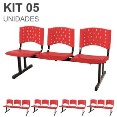 Imagem de Kit 05 Cadeiras longarinas PLÁSTICAS 03 Lugares - Cor VERMELHO - REALP