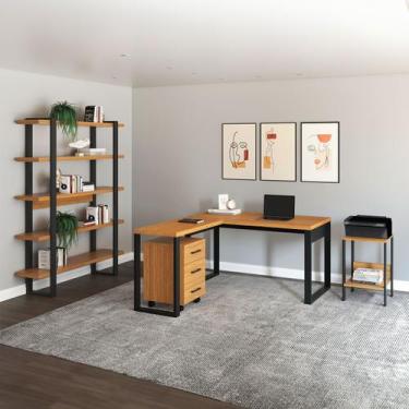 Imagem de Kit Escritório Escrivaninha L Armário Mesa Auxiliar Gaveteiro em MDF F