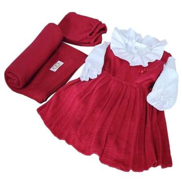 Imagem de Saída Maternidade Tricô Bordado Vestido Vermelho 5Pç Fofinho, RN