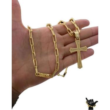 Imagem de Corrente Cadeado Alongado 7mm +Pingente Cruz -Banhado a Ouro - Tojoia1