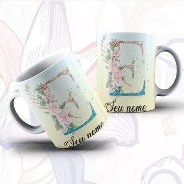 Imagem de Caneca Porcelana Alfabeto Floral Glitter Personalizada Com Inicial E N
