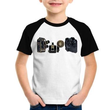 Imagem de Camiseta Raglan Infantil Câmeras Vintage - Foca na Moda, Branco, Preto