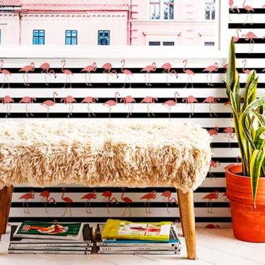 Imagem de Papel de Parede Adesivo Animal Flamingos No Listrado Deitado Preto e B