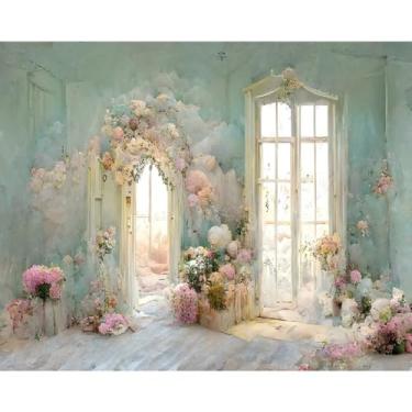 Imagem de DORCEV Pano de fundo de pintura a óleo floral de 3 x 2,4 m para fotografia, estilo europeu, porta arqueada, janela francesa, flores, banner, aniversário, chá de panela, recepção de casamento,