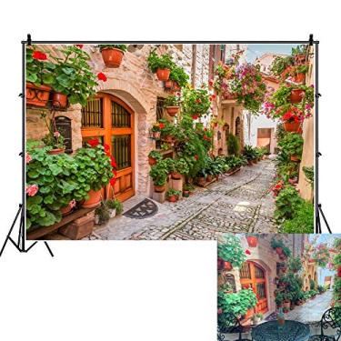Imagem de Pano de fundo de rua antiga da Itália, 2,1 x 1,5 m, flores, cidades na Itália, faixa Umbria Spello Town, tema italiano, decoração de festa de aniversário, fotos de aldeias medievais, fotos de viagens,