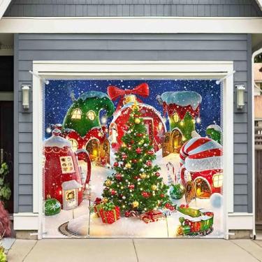 Imagem de Swepuck 1 bandeira, 2,4 x 2,1 m, vila natalina, porta de garagem, decoração, Natal, noite, pinheiro, neve, conto de fadas, pano de fundo para casa, ao ar livre, suprimentos para festas de fim de ano