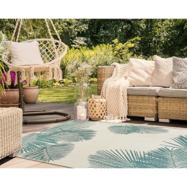 Imagem de Liora Manne CARMEL Tapete de área de baixo perfil sintético misturado sintético interno/externo – Folha botânica tropical de transição decorativa (Palm Aqua) (3'7.6 cm x 4'27.9 cm)