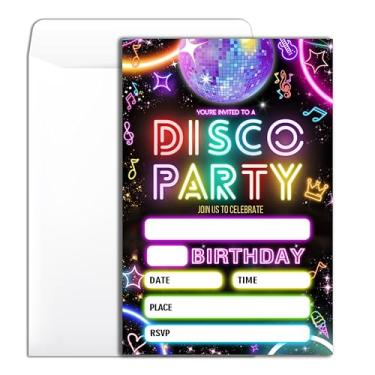 Imagem de Convite de festa de aniversário Disco 20 Retro Neon Tema Festa Convite de Aniversário com Envelopes para Mulher Homem Meninos Meninas Cartões de Convite de Festa -4 × 6 polegadas -B006