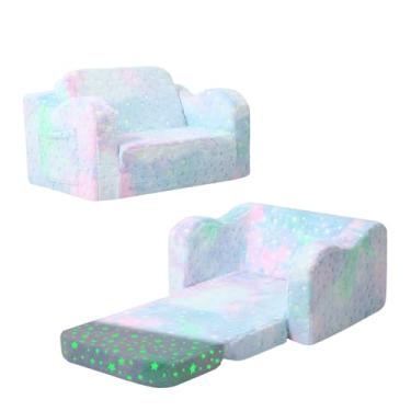 Imagem de MeMoreCool Cadeira infantil dobrável, pelúcia macia, dobrável, sofá infantil que brilha no escuro, poltrona confortável para bebês meninas e meninos (galáxia azul)