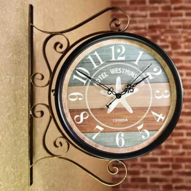 Imagem de Relógio de parede, vintage dupla face vintage industrial para decoração ao ar livre arte de parede decoração antiga escritório cozinha silenciosa rotação de 360 graus relógio de parede antigo