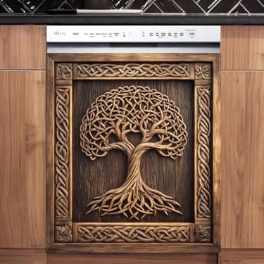 Imagem de Porta de celeiro árvore da vida ímã painel de pele capa de máquina de lavar louça, capa de porta de ímã de geladeira árvore da vida 3D, decalque decorativo de árvore da vida de madeira (58 cm x 66 cm,