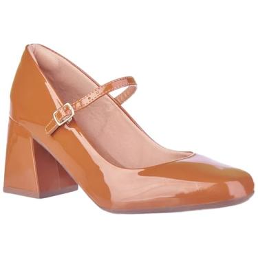 Imagem de Sapato Feminino Mary Jane Boneca Romântica Bico Quadrado Salto Modelo Atual Moderno (Caramelo Verniz, BR, Adulto, Numérico, 40)