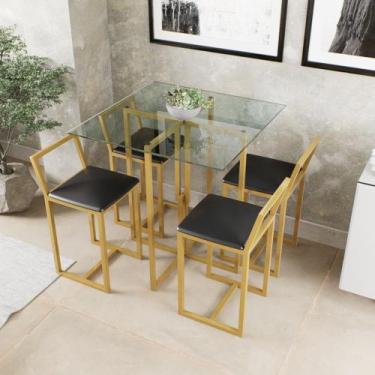 Imagem de Conjunto Mesa Vidro 4 Cadeiras Pequena Estofado Industrial Dourado - D