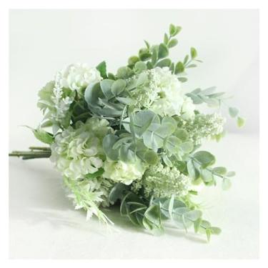 Imagem de Decoração de primavera - Buquê de casamento flor sintética de seda artificial buquê de dama de honra branco roxo pompom folha de eucalipto suprimentos de casamento, plantas artificiais artificiais