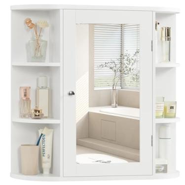 Imagem de TEENFON Espelho de armário de remédios com porta e prateleiras ajustáveis, armário de remédios de banheiro com espelho, armários de remédios para banheiro, branco