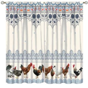 Imagem de Cortina vintage com estampa de galo de fazenda, estampa de galo e azul, cortina blackout para janela com bolso para varão, decoração de quarto, sala de estar, 106,7 cm L x 114,3 cm C