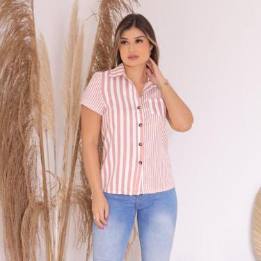 Imagem de Camisa Estampada Listrada com Bolso Frontal e Botões-listrado Rosa - S