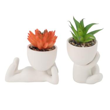 Imagem de Vaso de flores suculentas falso, fofo, inovador, mini vaso de flores falso para mesa de escritório, 2 peças (branco)