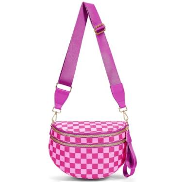 Imagem de Bolsa tiracolo feminina, bolsa de ombro de nylon, quadriculada, preta e branca, bolsa crescente, pochete quadriculada, Rosa vermelha,
