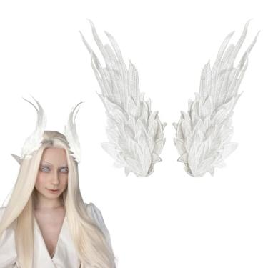 Imagem de Grampos de cabelo bordados de camada dupla com asa de anjo, cosplay, fantasia de demônio, acessórios de cabelo para festa de Halloween, Branco, 32.5*11cm/12.8*4.3 inches