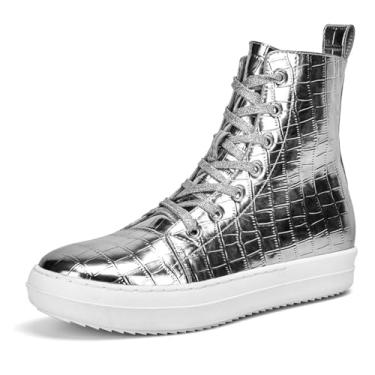 Imagem de UBWDU Tênis feminino moderno de cano alto com cadarço couro de crocodilo confortável plataforma para caminhada casual com zíper, Prata, 34