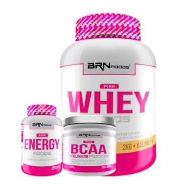 Imagem de KIT Pink Whey Foods 2kg + Pink Energy 120caps + Pink BCAA C/Colágeno 250g Tangerina - BRN Foods (Grande, Baunilha)