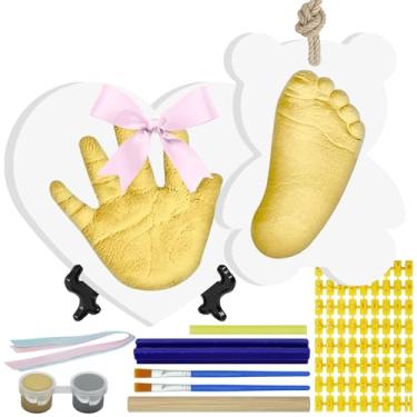 Imagem de kimitimi Kit de impressão de mão e pegada de bebê – Moldura de lembrança de argila para recém-nascidos, presentes de mamãe nova, chá de bebê, porta-retrato de berçário, ornamento com estampa de pata