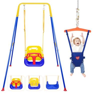 Imagem de 4-in-1 Toddler Swing Set & Baby Jumper and Bouncer for Toddlers, Foldable Baby Swing Stand for Outdoor Indoor Play, Easy to Assemble and Store for Ages 6 Months to 10 Years Old (Blue)