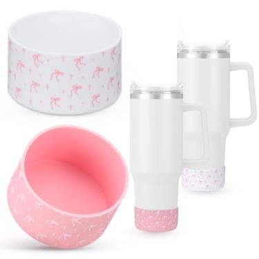 Imagem de Domensi 2 peças de bojo rosa com laço de proteção para botas de silicone garrafas de água coquete copo copo copo de viagem compatível com Stanley 40 850.5 g presente de aniversário
