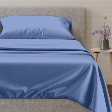 Imagem de Mayfair Linen Lençóis de algodão egípcio de luxo solteiro GG - 600 fios 3 peças azul profundo Twin GG lençóis com bolsos profundos, extra macio, roupa de cama extra longa de cetim trançado de cetim