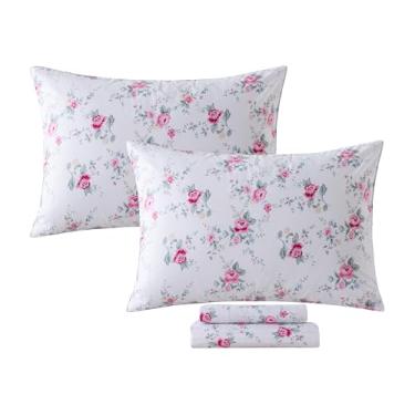 Imagem de FADFAY Conjunto de lençóis solteiro GG botânico rústico floral rosa, roupa de cama para dormitório universitário, 100% algodão, respirável, com lençol com elástico de bolso fundo, 4 peças