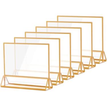 Imagem de AMEITECH Suporte De Acrílico Horizontal 6 X 4 Com Bordas Douradas, Menu Mesa Transparente Dupla Face, Porta-Retratos Para Números Casamento, Placas Restaurante, Fotos E Exibição Arte - Pacote
