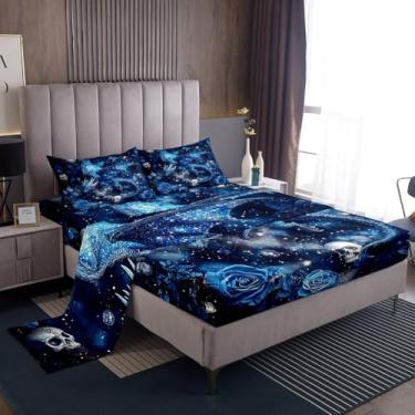 Imagem de Jogo de lençol solteiro com estampa de dragão de fantasia e caveira gótica, céu estrelado, céu estrelado, borboleta, sonhador, floral, animais selvagens, misteriosos, lençol de cima