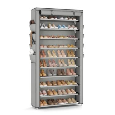 Imagem de VTRIN Sapateira alta com capa, organizador de sapatos de 10 níveis, armazenamento para 50 a 55 pares de sapatos e botas, prateleira de sapatos de grande capacidade com 8 bolsos, suporte para armário