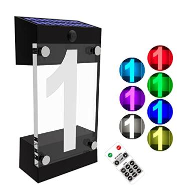 Imagem de IVWVI Placa de endereço solar acrílica, números de casa solares iluminados por LED, controle remoto à prova d'água RGBW que muda de cor, placa de endereço moderna iluminada alimentada por energia