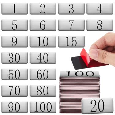 Imagem de Yaocom 100 peças de etiquetas numeradas de alumínio retângulo de metal etiqueta de chave número de armário 6 x 2,5 cm pequena placa de porta placas de número de casa com fita autoadesiva para casa