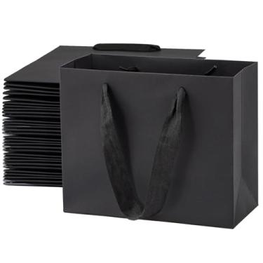 Imagem de Umoonfine Sacos de presente pretos com alças, pacote com 60 sacos de papel preto com alças, sacos de presente Kraft, 22 x 19 x 19 cm, sacos de embrulho de presente para casamento, festa, compras