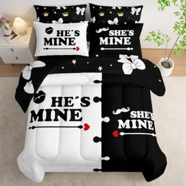 Imagem de AILONEN Conjunto de edredom casal preto e branco, cama macia de 7 peças em uma bolsa, edredom masculino e dela, lençol de cima, 2 fronhas, 2 fronhas para quarto