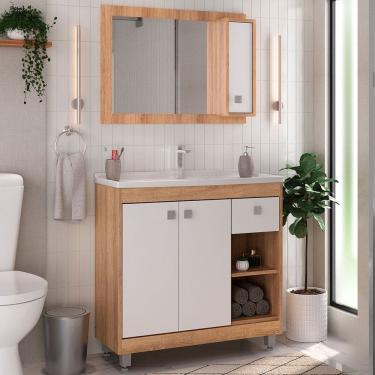 Imagem de Armário de Banheiro Eugene 3 Portas 1 Gaveta com Cuba Castanho/Branco - Pnr Móveis