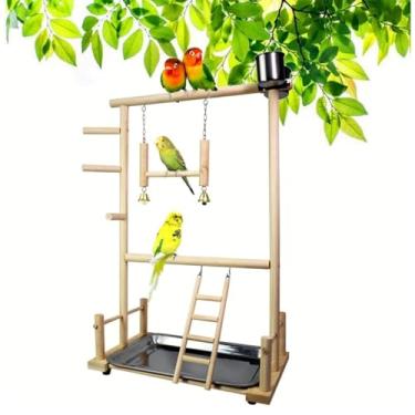 Imagem de Playground Para Papagaios, Playground De Pássaros De Camada Dupla, Poleiro De Madeira, Suporte Para Academia, Escada Com Brinquedos, Exercício, Playgym Para Calopsita
