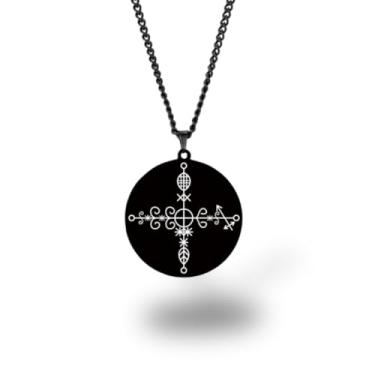 Imagem de Colar Vevê Vodu – Pingente com Símbolos dos Lwas em Aço Inoxidável (Prata, Ouro ou Preto) • Amuleto Espiritual Afro-Caribenho de Proteção, Magia e Fé (Ti Jan Danto, Preto)
