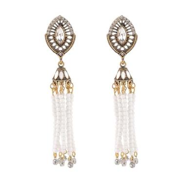 Imagem de Brincos femininos com pingente de borla Boho Ball Tassel Jhumka Vintage Marquise Strass com contas de franja, joias indianas Bollywood, presentes para festival, feriado, Natal, Medium, Metal, Sem
